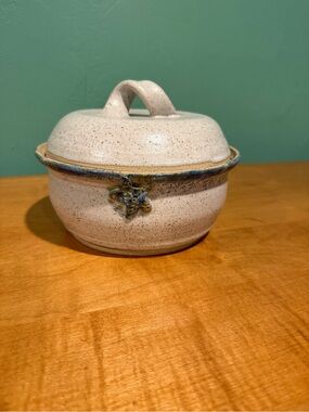 Handcrafted Pottery Casserole - Cream with Blue Accent-handcrafted in NH